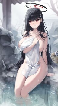 1girl absurdres black_hair blue_archive blush breasts bucket closed_mouth hair_ornament hairclip halo highres lancheu large_breasts looking_at_viewer naked_towel onsen red_eyes rio_(blue_archive) rock sitting sky smile soaking_feet solo steam towel wet