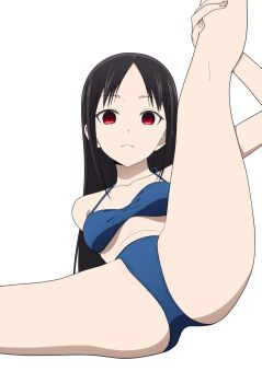 1girl ass bikini black_hair blue_bikini breasts coro_fae highres kaguya-sama_wa_kokurasetai_~tensai-tachi_no_renai_zunousen~ leg_up long_hair lying on_back red_eyes shinomiya_kaguya simple_background small_breasts solo straight_hair swimsuit thighs very_long_hair white_background
