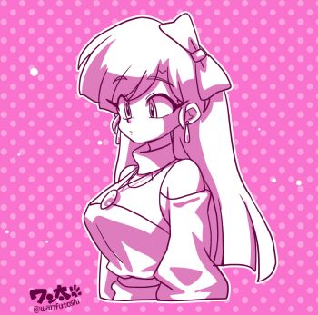 1girl artist_name bare_shoulders bow breasts closed_mouth earrings expressionless hair_bow jewelry kuonji_ukyou large_breasts long_hair monochrome off_shoulder pendant polka_dot polka_dot_background ranma_1/2 signature solo straight_hair wanta_(futoshi)