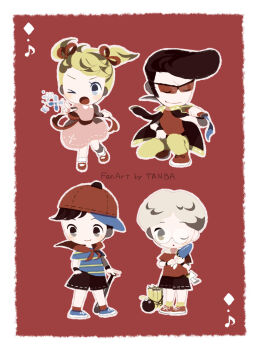 Rule 34 | 1girl, 3boys, ana (mother), baseball cap, black shorts, blonde hair, blue shoes, bomb, border, commentary request, dress, dynamite, explosive, glasses, hat, highres, holding, holding sword, holding weapon, jacket, jacket on shoulders, lloyd (mother), mother (series), mother 1, multiple boys, ninten, nintendo, one eye closed, open mouth, over shoulder, pants, pink dress, pompadour, red-tinted eyewear, red ribbon, red shirt, red shoes, red socks, ribbon, shirt, shoes, shorts, sideways hat, smile, socks, squatting, striped clothes, striped shirt, sunglasses, sword, sword over shoulder, tanba (tanba-art), teddy (mother), tinted eyewear, weapon, weapon over shoulder, white border, white socks, yellow pants, yellow socks