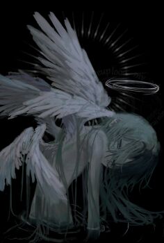 angel_wings black_background colored_skin feathered_wings grey_hair grey_skin halo hashtag-only_commentary highres in_water long_hair original water watermark white_wings wings xo0_0ox1