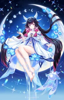 1girl absurdres bare_shoulders barefoot black_hair blue_background blue_flower character_name closed_mouth columbina_(genshin_impact) commentary_request crescent dress english_text flower full_body genshin_impact hair_ornament hand_up highres lalazyt long_hair looking_at_viewer moon_phases off-shoulder_dress off_shoulder purple_eyes purple_hair sitting smile solo very_long_hair white_dress wing_hair_ornament