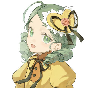 1girl :d ahoge ao_(srge3257) black_ribbon chinese_commentary commentary drill_hair flower green_eyes green_hair hair_flower hair_ornament hair_ribbon heart heart_hair_ornament highres kanaria looking_at_viewer neck_ribbon open_mouth pink_flower pink_rose puffy_sleeves ribbon rose rozen_maiden short_hair simple_background smile solo twin_drills upper_body white_background
