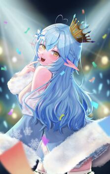 1girl bare_shoulders blue_coat blue_hair breasts coat confetti cowboy_shot crown from_behind highres hololive large_breasts looking_at_viewer looking_back makocha_(sw_yti) mini_crown off_shoulder pointy_ears solo standing thighhighs virtual_youtuber white_thighhighs yellow_eyes yukihana_lamy
