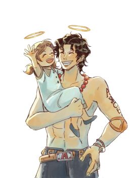 1boy 1girl ^_^ abs arm_tattoo arm_up avaxxah black_hair brown_hair closed_eyes commentary dress elbow_pads freckles halo highres jewelry log_pose necklace one_piece pearl_necklace portgas_d._ace sash short_hair simple_background single_elbow_pad symbol-only_commentary tattoo topless_male trafalgar_lami twintails white_background