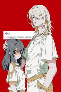 1boy 1girl 5oh5s2 absurdres akari_(pokemon) black_eyes closed_mouth gold_trim hair_between_eyes hair_over_one_eye hand_on_another&#039;s_head highres jewelry korean_text long_hair looking_at_viewer necklace nintendo pokemon pokemon_legends:_arceus red_background shaded_face short_sleeves simple_background translation_request volo_(pokemon)