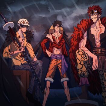 3boys abs clenched_hands clenched_teeth cloud cloudy_sky competition dark_sky eustass_kid hat highres holding holding_sword holding_weapon jacket jacket_on_shoulders male_focus monkey_d._luffy multiple_boys muscular one_piece sheath sheathed shiichan_thea sky smile smug standing sword teeth trafalgar_law weapon