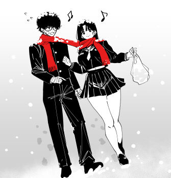 Rule 34 | 1boy, 1girl, absurdres, akita masamichi, bouryoku banzai, commentary request, dutch angle, highres, holding, nadainishi, rikudou setsuna, sailor collar, school uniform, snowing, standing