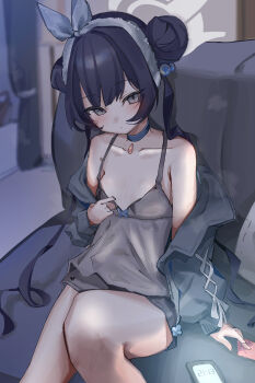 1girl absurdres bare_shoulders black_hair blue_archive blue_choker blush camisole cellphone choker closed_mouth coa_(35_seno) collarbone condom condom_wrapper couch curtains dot_mouth dot_nose double_bun feet_out_of_frame flat_chest grey_camisole grey_eyes grey_halo grey_jacket grey_shorts hair_bobbles hair_bun hair_ornament hair_ribbon halo highres jacket kisaki_(blue_archive) knee_up loli long_hair long_sleeves looking_at_viewer off_shoulder on_couch pendant_choker phone ribbon shorts sitting solo thighs tilted_head twintails very_long_hair