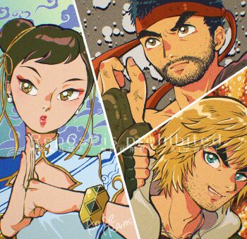 Rule 34 | 1girl, 2boys, absurdres, artist name, bangle, beard, beard stubble, black hair, blonde hair, blue dress, blue eyes, bracelet, brown eyes, brown hair, capcom, china dress, chinese clothes, chun-li, cleavage cutout, clenched hand, clothing cutout, commentary request, double bun, dress, earrings, eyeshadow, facial hair, fingerless gloves, fist in hand, furrowed brow, gloves, gold ribbon, gold trim, hair bun, headband, highres, jewelry, ken masters, koberakobe, makeup, multiple boys, necklace, parted lips, pearl earrings, red eyeshadow, red headband, ryu (street fighter), short hair, short sleeves, street fighter, street fighter 6, stubble, two-tone dress, updo, upper body, watermark, white dress