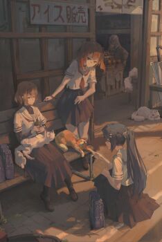 4girls animal animal_on_lap bag bench black_hair black_skirt bottle brown_cat brown_hair cat cat_on_lap character_request commentary_request frograss_rb full_body highres holding holding_bottle layered_sleeves long_skirt long_sleeves multiple_girls neckerchief on_bench on_lap outdoors pleated_skirt ponytail red_neckerchief sailor_collar school_bag school_uniform serafuku shadow shirt shop short_hair short_over_long_sleeves short_sleeves sign sitting skirt slice_of_life squatting standing translation_request twintails watashi_wo_tabetai_hitodenashi white_cat white_sailor_collar white_shirt wooden_bench