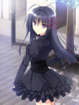 1girl antenna_hair black_dress black_hair blush cowboy_shot day dress from_behind highres juliet_sleeves lamppost long_hair long_sleeves looking_back ookura_risona otome_riron_to_sono_shuuhen:_ecole_de_paris outdoors pillar puffy_long_sleeves puffy_sleeves purple_eyes skirt standing takepon tareme tsuki_ni_yorisou_otome_no_sahou very_long_hair