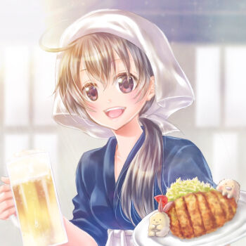 Rule 34 | 1girl, :d, alcohol, apron, beer, beer mug, black hair, brown eyes, cup, food, headscarf, hinahiyo1014, holding, holding cup, indoors, isekai izakaya "nobu", japanese clothes, looking at viewer, mug, open mouth, plate, ponytail, samue, senke shinobu, smile, teeth, upper body, upper teeth only, waist apron, waitress, white headscarf, white headwear