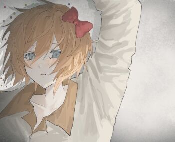 1girl arm_up blue_eyes blush bow brown_hair commentary doki_doki_literature_club empty_eyes glitch grey_background hair_bow highres long_sleeves nnnyanrrr parted_lips red_bow sayori_(doki_doki_literature_club) shirt short_hair solo static tears white_shirt