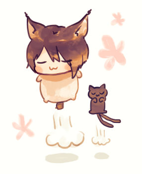 Rule 34 | 1boy, :3, animal, arknights, black cat, brown hair, cat, chibi, closed eyes, closed mouth, eyes visible through hair, hair over one eye, highres, miss christine (arknights), myluche, nekomata, phantom (arknights), shadow, simple background, tragodia (arknights), white background