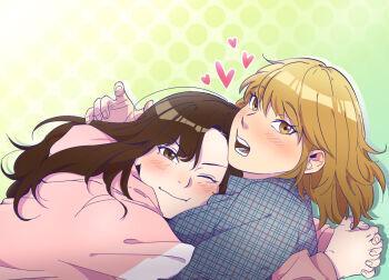 Rule 34 | 2girls, blonde hair, blue shirt, blush, brown eyes, brown hair, closed mouth, commentary request, couple, dithered background, drop shadow, fingernails, green background, hood, hoodie, hug, korean commentary, long hair, long sleeves, looking to the side, loving aura, medium hair, multiple girls, official art, one eye closed, open mouth, pink hoodie, plaid clothes, plaid shirt, ring my bell (yeongol), shirt, smile, turning head, yeongol, yuri