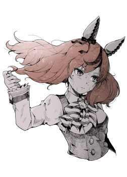 1girl animal_ears bow bowtie breasts brown_hair collared_shirt commentary_request cropped_torso diagonal-striped_bow diagonal-striped_bowtie diagonal-striped_clothes dirty dirty_face ear_covers ear_ribbon hair_tie hand_up highres holding holding_hair_tie horse_ears horse_girl juliet_sleeves long_sleeves loose_hair_strand medium_breasts medium_hair monochrome multicolored_hair nice_nature_(poinsettia_ribbon)_(umamusume) nice_nature_(umamusume) puffy_sleeves satomura_kyou serious shirt side_ponytail simple_background sleeves_past_wrists solo spot_color streaked_hair striped_bow striped_bowtie striped_clothes sweat umamusume untying_hair vest white_background