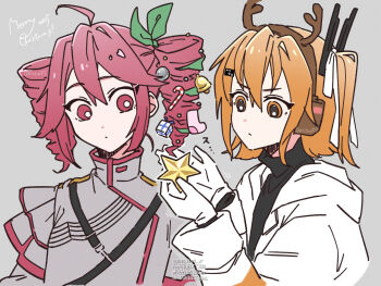 adachi_rei christmas christmas_ornaments drill_hair fake_antlers gloves grey_background grey_jacket highres jacket kasane_teto kasane_teto_(sv) long_sleeves nisui57 one_side_up orange_eyes orange_hair red_eyes red_hair simple_background synthesizer_v twin_drills upper_body utau vocaloid white_gloves white_jacket