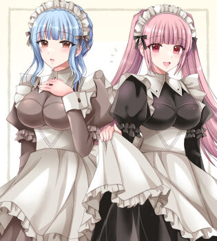 2girls apron black_dress blue_hair blush braid breasts brown_eyes crown_braid dress fire_emblem fire_emblem:_three_houses grey_dress headdress highres hilda_valentine_goneril kirishima_riona large_breasts long_hair long_sleeves looking_at_viewer maid maid_apron maid_headdress marianne_von_edmund multiple_girls nintendo open_mouth pink_eyes pink_hair simple_background smile twintails white_apron