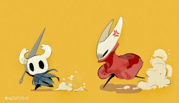 1girl 1other anger_vein angry annoyed arthropod_girl artist_name can't_choose_your_own_family chinese_commentary cloak commentary_request dust_cloud film_grain fleeing full_body grey_cloak half-siblings halftone highres hightguy holding holding_weapon hollow_eyes hollow_knight hornet_(hollow_knight) horns knight_(hollow_knight) looking_at_another needle_(hollow_knight) red_cloak running shadow simple_background theft weapon yellow_background