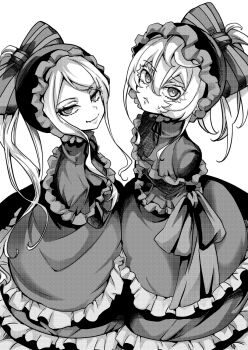 Rule 34 | 2girls, bow, closed mouth, dress, frilled dress, frills, gothic lolita, hair between eyes, hair bow, hal (goshujinomocha), highres, hood, hood up, lolita fashion, long hair, looking at viewer, multiple girls, overlord (maruyama), ponytail, red eyes, shalltear bloodfallen, short hair, simple background, smile, tanya degurechaff, white background, youjo senki