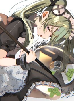 Rule 34 | 1girl, apron, bandaid, bandaid on knee, bandaid on leg, black dress, commentary, corin wickes, crying, crying with eyes open, double-parted bangs, dress, frilled apron, frilled dress, frills, green hair, highres, long hair, open mouth, purple eyes, short sleeves, simple background, solo, tears, white apron, white background, yonagiri 47, zenless zone zero