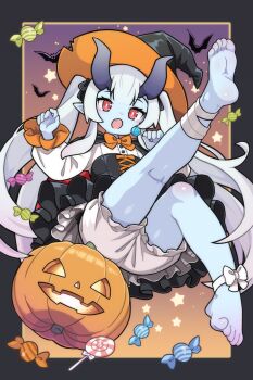 1girl ankle_wrap arum_(world_flipper) barefoot bat_(animal) black_bow black_dress bloomers blue_skin bow bowtie bright_pupils candy cape colored_skin dress fang feet food gradient_background hair_between_horns hair_bow halloween halloween_costume hat highres horns jack-o&#039;-lantern kneepits legs lollipop mwm5 orange_bow orange_bowtie outside_border pointy_ears red_eyes soles solo star_(symbol) toes twintails underwear white_bow white_pupils witch witch_hat world_flipper wrapped_candy
