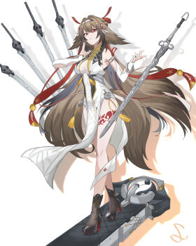 1girl absurdres animal_ears armlet bare_shoulders bracelet breasts brown_hair china_dress chinese_clothes dress droopy_ears fox_ears fox_girl hair_intakes hair_ornament hairband highres jewelry leg_tattoo long_hair looking_at_viewer medium_breasts metal_bracelet qingming_sword red_eyes silver_armlet silver_bracelet solo tail tattoo very_long_hair white_hairband ye_shunguang zenless_zone_zero zerotwo5203344