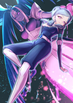 2girls absurdres belt beta_(inazuma_eleven) blue_bodysuit blue_hair bodysuit boots colored_skin corset double_bun ganbariiiyo hair_bun highres impossible_clothes inazuma_eleven_(series) inazuma_eleven_go inazuma_eleven_go_chrono_stone inazuma_eleven_victory_road keshin_(inazuma_eleven) kokuu_no_megami_athena long_hair medium_hair multiple_girls protocol_omega purple_eyes skirt smile white_boots white_skirt white_streaks