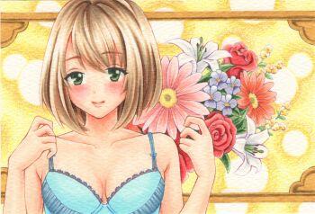 1girl aqua_bra armpit_crease blue_flower blush border bra breasts brown_hair closed_mouth collarbone commentary floral_background flower green_eyes hands_up highres large_breasts light_smile looking_at_viewer marker_(medium) midori_(mira567) original ornate_border outside_border pink_flower purple_flower red_flower red_rose rose short_hair solo straight-on traditional_media underwear upper_body white_lily yellow_background