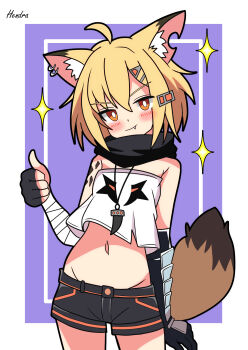 1girl absurdres ahoge animal_ear_fluff animal_ear_piercing animal_ears arknights artist_name bare_shoulders black_gloves black_scarf black_shorts blonde_hair blush border bright_pupils commentary_request cowboy_shot crop_top dot_nose earrings fang fang_out fingerless_gloves fox_ears fox_girl gloves hendra highres hip_bones inset_border jewelry loli looking_at_viewer material_growth navel necklace orange_eyes oripathy_lesion_(arknights) purple_background scarf shirt short_shorts shorts simple_background smile solo sparkle stomach thumbs_up vermeil_(arknights) white_background white_pupils white_shirt