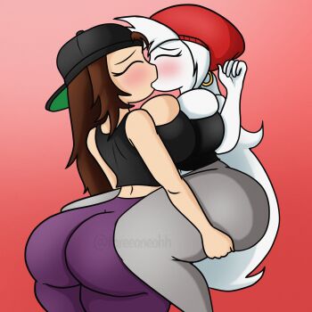 Rule 34 | 2girls, artist name, ass, asymmetrical docking, backwards hat, baseball cap, beanie, black hat, borrowed character, breast press, breasts, brown hair, character request, closed eyes, commentary, crop top, curvy, earrings, english commentary, from behind, grey pants, hat, highres, holding another's leg, hoop earrings, huge ass, huge breasts, jewelry, kiss, long hair, midriff, multiple girls, original, pale skin, pants, pear-shaped figure, purple pants, red hat, symmetrical docking, threeoneohh, val (threeoneohh), very long hair, white hair, wide hips, yoga pants