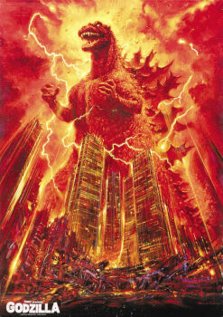 Rule 34 | absurdres, bird, building, city, destruction, dinosaur, electricity, energy, epic, fangs, glowing, glowing eyes, godzilla, godzilla (series), highres, kaiju, movie poster (medium), no humans, no pupils, official art, ohrai noriyoshi, orange electricity, orange eyes, red sky, seagull, sharp teeth, sky, skyscraper, spikes, tail, teeth, the return of godzilla, toho