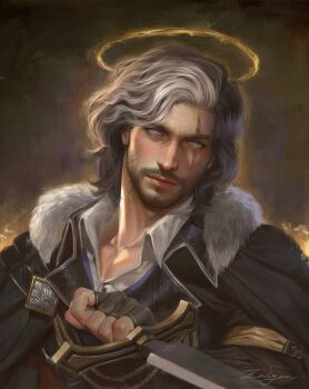 Rule 34 | 1boy, arm up, black cape, black gloves, black hair, black jacket, blue eyes, cape, clair obscur: expedition 33, collarbone, collared shirt, commentary, facial hair, fingerless gloves, fur-trimmed collar, fur trim, gloves, grey hair, halo, highres, holding, holding sword, holding weapon, jacket, lapels, male focus, mature male, open collar, parted hair, reverse grip, scar, scar across eye, scar on face, shirt, signature, solo, sword, untranslatable commentary, upper body, verso (clair obscur: expedition 33), weapon, white fur, wing collar, z31ly4n