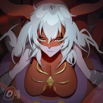 1girl absurdres ain_artisto arachne archnemon arthropod_girl bare_shoulders breasts digimon digimon_(creature) eye_mask fang grey_hair highres horns insect_girl large_breasts long_hair mask monster_girl purple_skirt red_mask red_shirt shirt skin_fang skirt solo spider_girl taur upper_body
