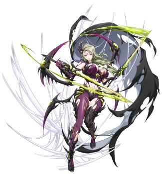 1girl absurdres armor armored_boots arthropod_limbs black_armor black_boots black_cape bodysuit boots breasts cape cleavage clothing_cutout come_hither dripping dual_wielding dynamic_pose earrings facial_mark fingernails floating_cape floating_clothes floating_hair forehead_mark full_body game_cg greaves green_hair grey_cape hair_between_eyes hair_ornament highres holding holding_sword holding_weapon huge_breasts impossible_bodysuit impossible_clothes jewelry knee_guards langrisser langrisser_mobile leg_armor leg_up liquid long_fingernails long_hair looking_at_viewer low-tied_long_hair multiple_weapons navel o-ring official_alternate_costume official_art parted_hair parted_lips poison ponytail purple_bodysuit red_eyes revealing_clothes reverse_grip ring second-party_source seductive_smile seraphina_(langrisser) sharp_toenails silk simple_background skin_tight smile smirk solo spider_web standing standing_on_one_leg stomach sword tachi-e toenails torn_bodysuit torn_cape torn_clothes transparent_background two-tone_cape vambraces venom_sword weapon