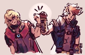 2boys blonde_hair brown_hair cape facial_hair fist_bump goatee highres jacket multiple_boys pompadour poppibuster rex_(xenoblade) short_hair shulk_(xenoblade) sleeveless sleeveless_jacket spoilers upper_body xenoblade_chronicles_(series) xenoblade_chronicles_3