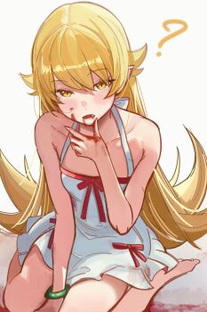 Rule 34 | 0nineo9, 1girl, ?, absurdres, bare shoulders, barefoot, blonde hair, blood, blood on face, blood on hands, commentary, dress, english commentary, feet, flat chest, highres, long hair, looking at viewer, monogatari (series), oshino shinobu, simple background, sitting, solo, vampire, very long hair, wariza, white background, white dress, yellow eyes