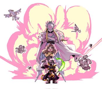 Rule 34 | 1other, 2girls, cat, cendrillmon, commentary, covered eyes, crossed arms, digimon, digimon (creature), digimon liberator, digua92537359, evolutionary line, explosion, explosion background, full body, hat feather, height difference, highres, holding, holding sword, holding weapon, kinosaki arisa, multiple girls, nyabootmon, stuffed animal, stuffed toy, sword, symbol-only commentary, tall female, weapon