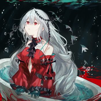 1girl aqua_gloves arknights ascot bare_shoulders black_ascot blood breasts clothing_cutout commentary_request fumi_(rdbm) gloves grey_hair hair_between_eyes hair_ornament highres long_hair long_sleeves looking_up medium_breasts parted_lips red_eyes skadi_(arknights) skadi_the_corrupting_heart_(arknights) solo submerged underwater