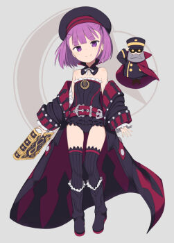 1girl automaton_(object) bare_shoulders belt black_hat book colonel_olcott_(fate) commentary_request detached_collar doll dress fate/grand_order fate_(series) female_focus flat_chest gamuo grimoire hat helena_blavatsky_(fate) helena_blavatsky_(third_ascension)_(fate) looking_at_viewer purple_eyes purple_hair sefirot short_hair solo strapless strapless_dress