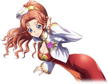 1girl artist_request blue_eyes blush breasts cleavage closed_mouth code_geass code_geass:_lost_stories code_geass:_soubou_no_oz covered_navel cowboy_shot cropped_jacket dress dutch_angle female_focus flower forehead game_cg gold gold_trim hair_intakes hand_up happy hat high_ponytail jacket light_blush long_hair long_sleeves looking_at_viewer marrybell_mel_britannia medium_breasts mini_hat non-web_source official_art open_clothes open_jacket orange_hair pink_flower pink_rose ponytail red_dress rose smile solo standing tilted_headwear white_hat white_jacket