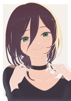 Rule 34 | 1girl, absurdres, baozi 9527, black choker, black shirt, brown hair, chainsaw man, choker, closed mouth, collarbone, commentary, glint, green eyes, grey background, highres, looking at viewer, reze (chainsaw man), shirt, smile, solo, white background