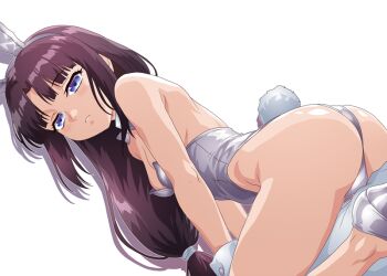 1girl after_war_gundam_x animal_ears ass blue_eyes breasts brown_hair commentary_request fake_animal_ears fake_tail gundam leotard long_hair looking_at_viewer low-tied_long_hair minazuki_noumu playboy_bunny rabbit_tail sidelocks small_breasts solo tail thighs tiffa_adill white_background white_leotard