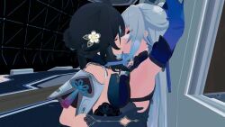 2girls 3d animated black_hair breast_press breasts breasts_squeezed_together cleavage monitor eyelashes eyeshadow french_kiss grabbing_another&#039;s_leg hair_ornament honkai:_star_rail honkai_(series) indoors interior jingliu_(honkai:_star_rail) kiss lluanhyperzero makeup medium_breasts moaning multiple_girls red_eyes ruan_mei_(honkai:_star_rail) smile sound symmetrical_docking video white_hair yuri