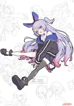 Rule 34 | 1girl, animal ear hairband, animal ears, artist name, asymmetrical legwear, black jacket, black shoes, black thighhighs, colored tips, commentary request, fake animal ears, full body, hair ornament, hairband, highres, jacket, looking at viewer, mismatched legwear, multicolored hair, niboshidrip, open mouth, pink eyes, pink hair, purple hair, rabbit hair ornament, shirt, shoes, sitting, skirt, solo, thighhighs, tosaki mimi, tosaki mimi (1st costume), two-tone hair, virtual youtuber, vspo!, watermark, white background, white shirt, white thighhighs
