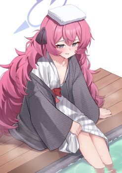 1girl absurdres black_ribbon blue_archive blue_halo blush commentary_request feet_out_of_frame fluffy_hair grey_eyes grey_robe hair_ornament hair_ribbon hairclip halo highres iroha_(blue_archive) japanese_clothes kimono lifting_own_clothes long_hair obi olecafe2 onsen open_mouth red_hair ribbon robe sash simple_background slit_pupils smile soaking_feet solo towel towel_on_head very_long_hair white_background yukata