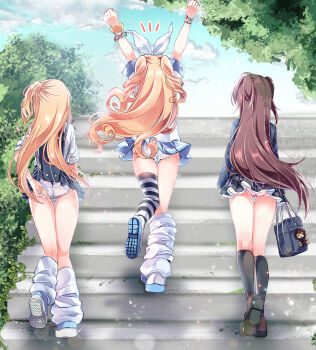 3girls \o/ accidental_exposure adjusting_clothes adjusting_panties ai_satoshi arms_up ass asymmetrical_legwear backpack bag bag_charm blonde_hair blue_skirt bow brown_hair brown_shoes bush character_charm charm_(object) commentary_request commission crotch_seam day from_behind grey_skirt gyaru hair_bow highres holding holding_bag kneehighs leg_warmers long_hair microskirt mismatched_legwear multicolored_shoes multiple_girls one_side_up original outdoors outstretched_arms panties pink_panties pixiv_commission plaid_clothes plaid_skirt polka_dot polka_dot_panties school_bag school_uniform shirt shoes short_sleeves single_thighhigh skirt skirt_caught_on_object socks stairs straight_hair striped_clothes striped_thighhighs thighhighs tree two_side_up underwear walking wavy_hair white_bow white_leg_warmers white_panties white_shirt