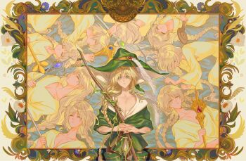 Rule 34 | 6+boys, blonde hair, boin burin, braid, braided ponytail, closed eyes, hair over shoulder, hat, hat feather, highres, holding, holding staff, long hair, looking at viewer, lying, mage staff, magi the labyrinth of magic, male focus, multiple boys, on back, on side, robe, shirt, single braid, staff, very long hair, wizard, wizard hat, yunan