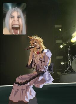 2boys blonde_hair choker cloud_strife cloud_strife_(ball_gown) crossdressing crossdressing_(mtf) dress fan_screaming_at_madison_beer_(meme) final_fantasy final_fantasy_vii final_fantasy_vii_remake frilled_dress frills grey_hair hair_between_eyes highres holding holding_microphone jianjiananan long_dress long_hair male_focus meme microphone multiple_boys music official_alternate_costume open_mouth parted_bangs purple_dress ribbon_choker sephiroth sharp_teeth shouting singing sitting teeth tiara